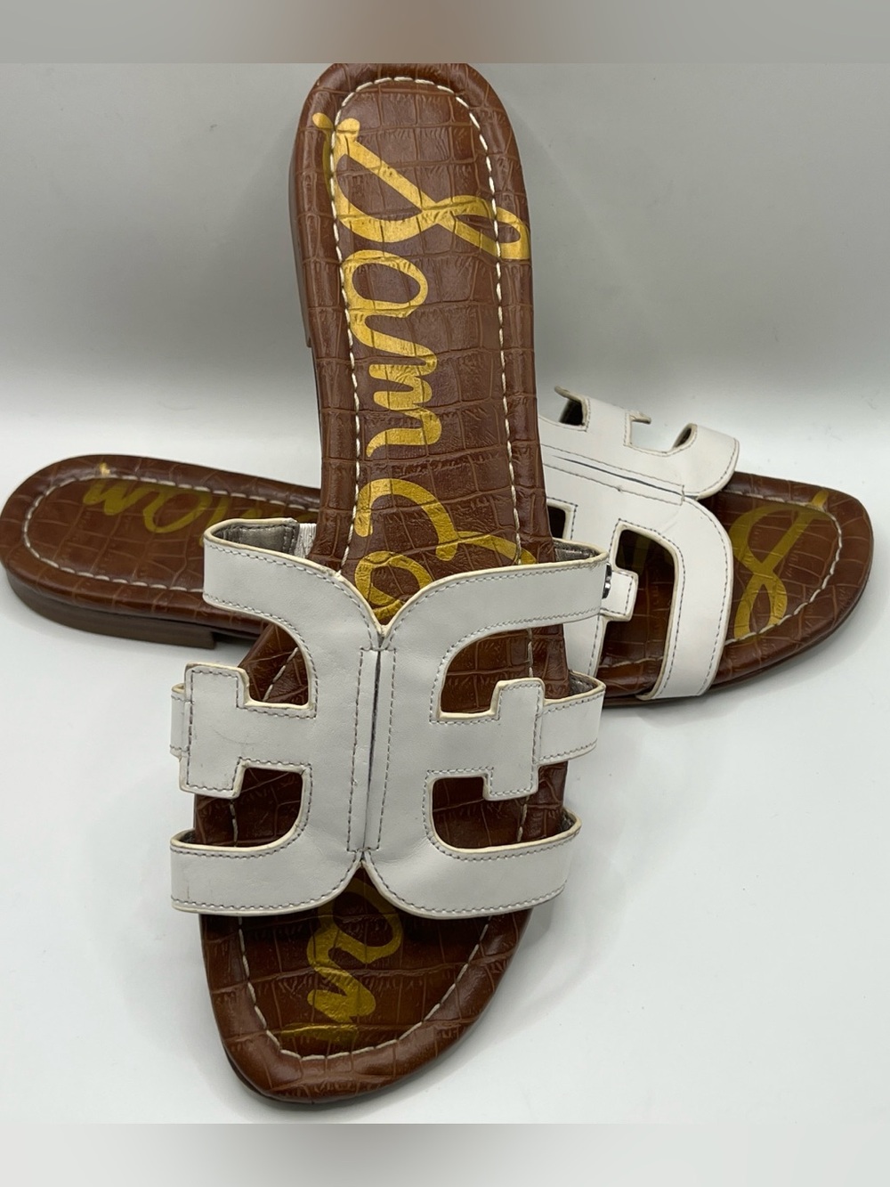 Sam Edelman White Leather Logo Slide Sandals